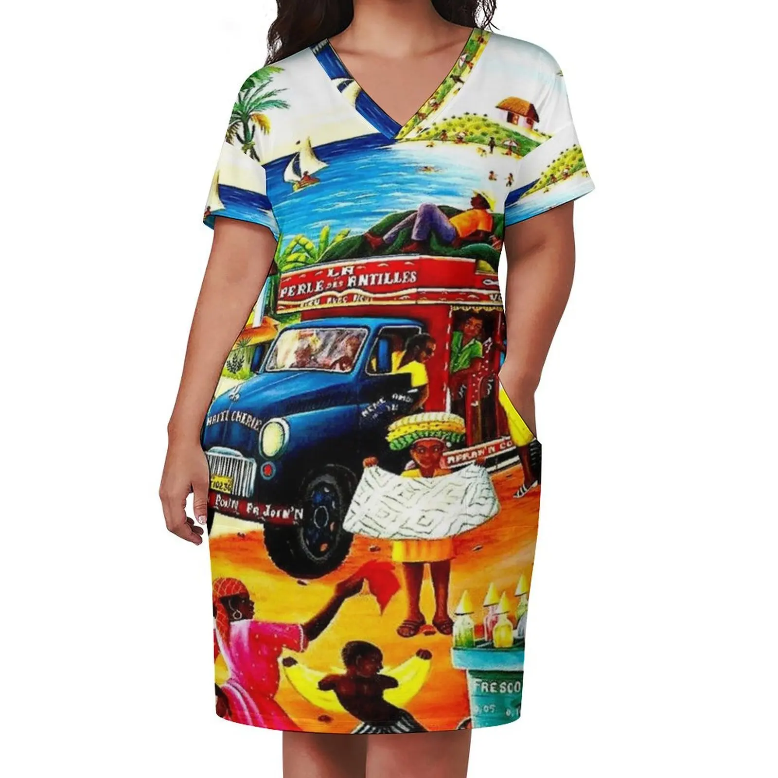 HAITI : Vintage Travel and Tourism Advertising Print Loose Pocket Dress Elegant gown women evening dress