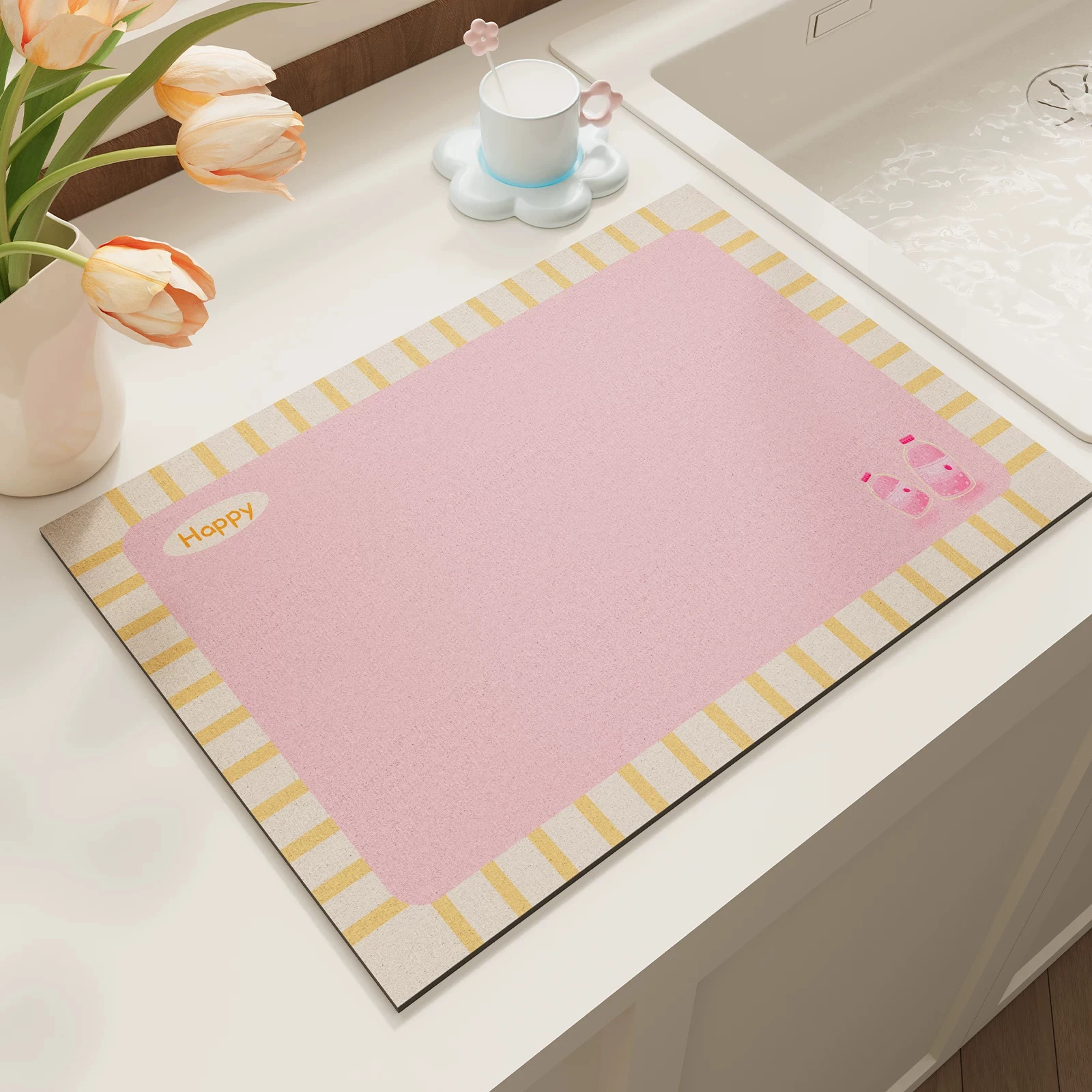Vibrant Striped Edge Color Blocking Absorbent Leather Drain Pad Table Protector Kitchen Countertop Dry Mat Placemat