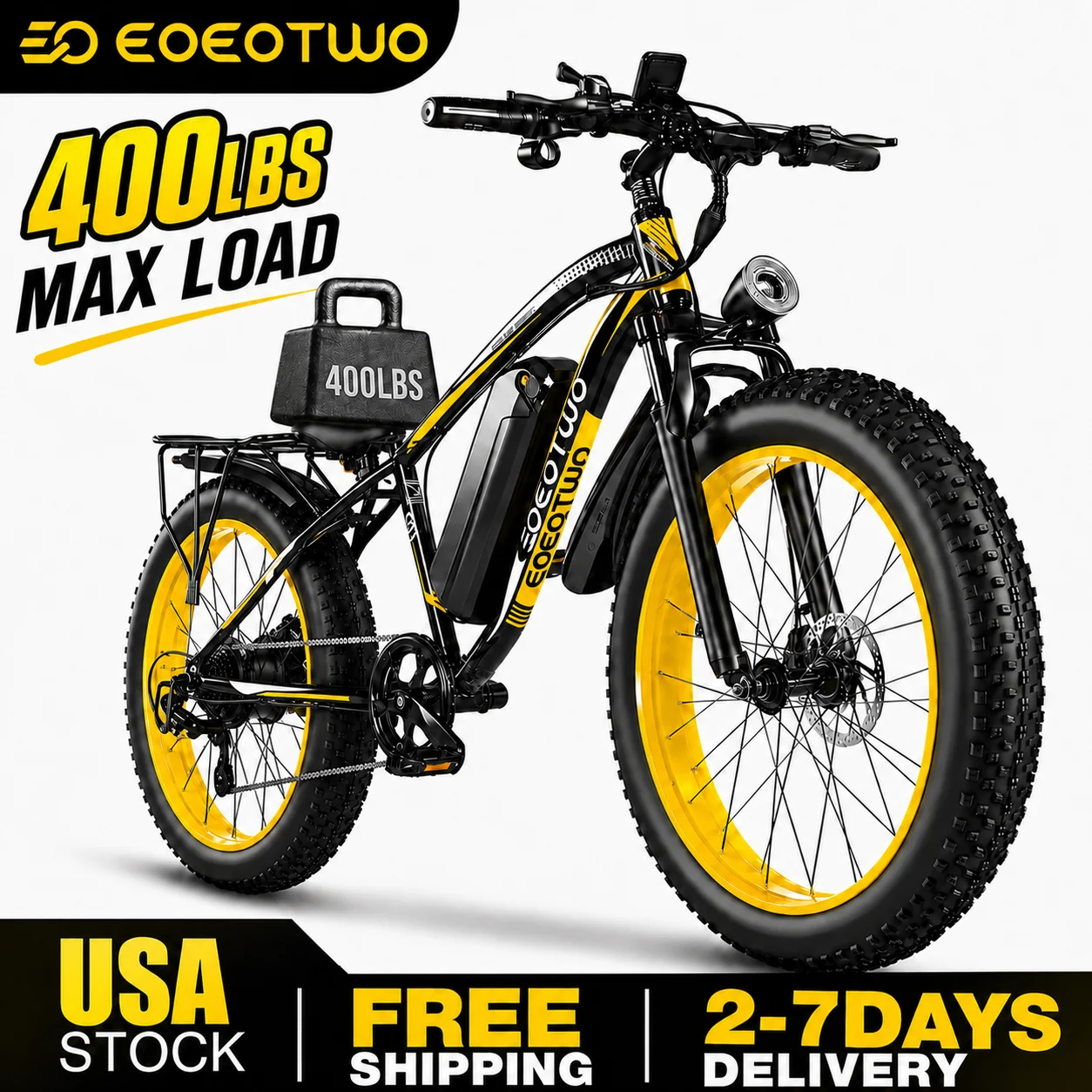 EOEOTWO E01 Heavy Duty Ebike, 400 LBS Capacity, 65Nm High Torque, Front Suspension, Rear Rack, 5 Riding Modes, Phone Holder with Charging