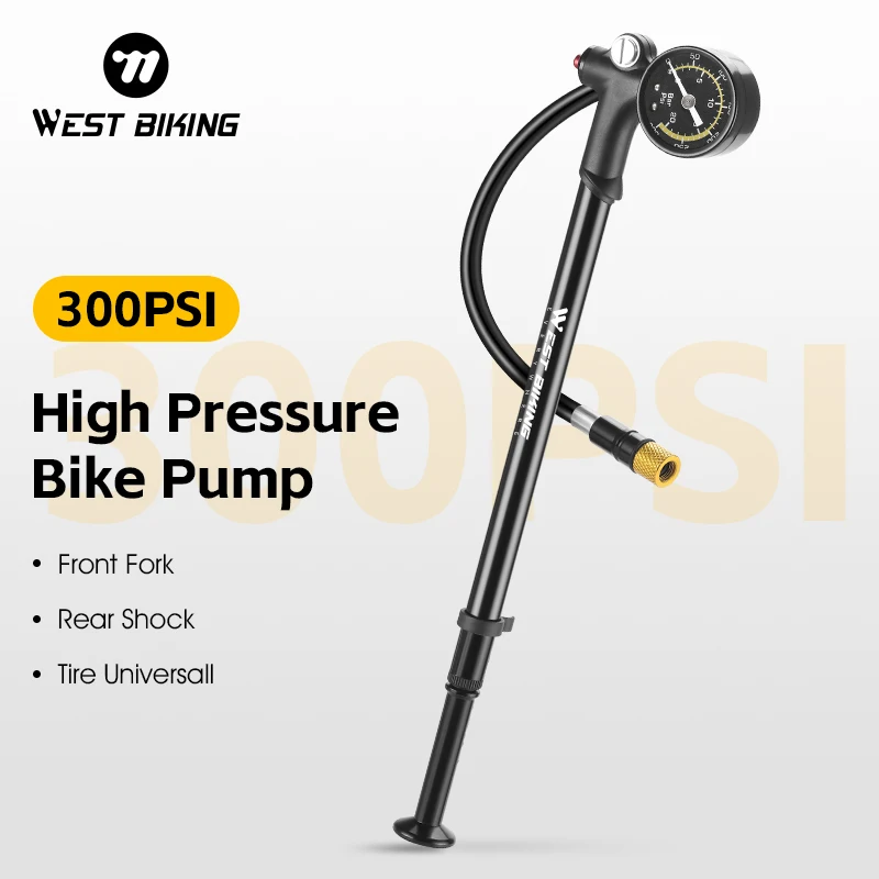 WEST BIKING Bicycle Front Fork Pump Mountain Bike With Gauge 300PSI High Pressure Air Pump Schrader Presta Tire Inflator Pump