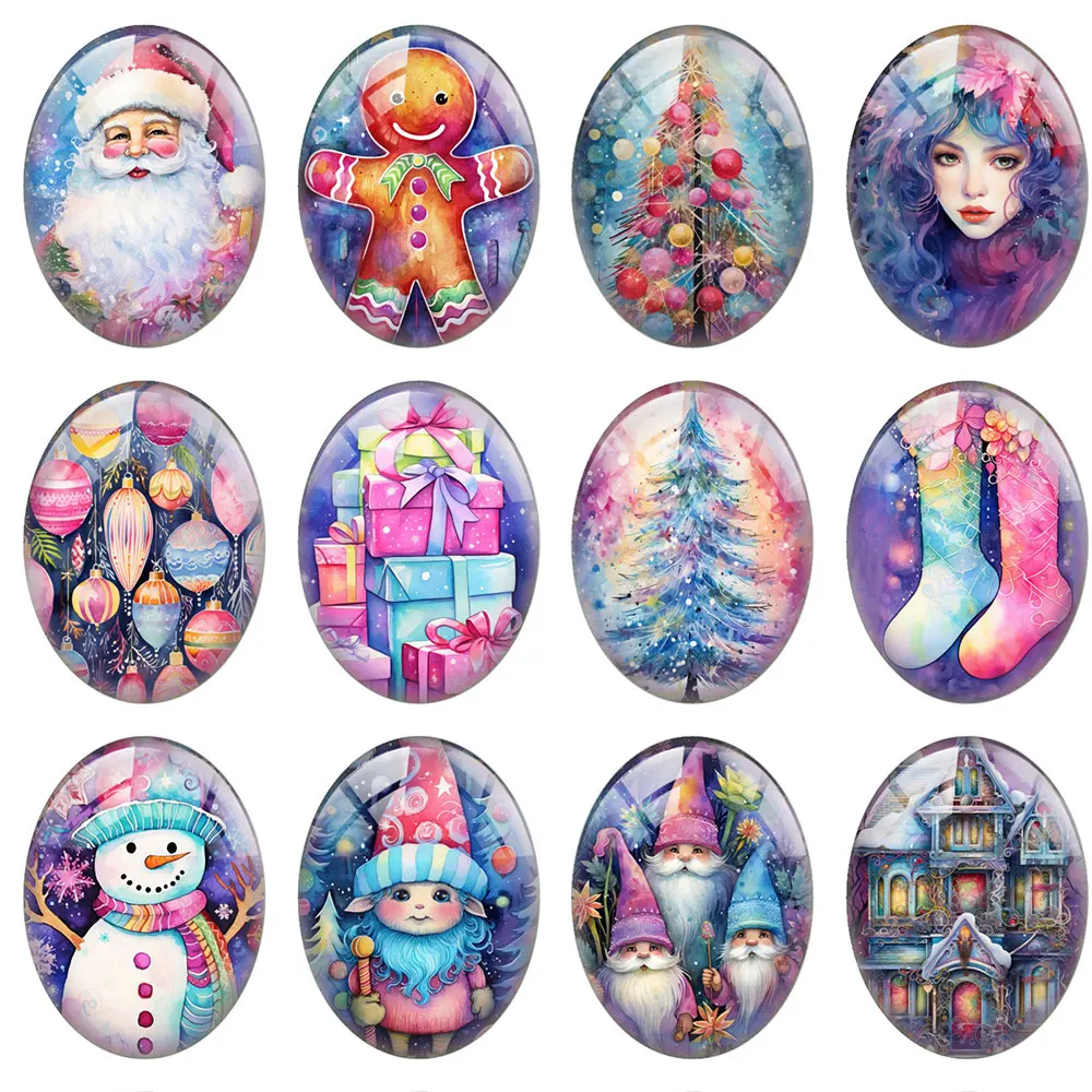 10pcs/lot Christmas X-mas Winter Neon Santa Gnomies Deer Oval Photo Glass Cabochon Flatback Demo Cameo For Diy Jewelry Making