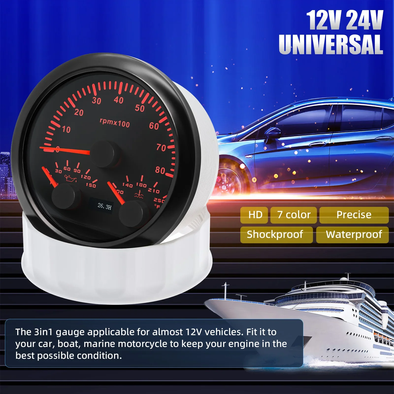 Universal 85mm 7 Colors Backlight Tachometer 8000rpm + Oil Press Gauge PSI + Water Temperature Gauge for 12V 24V Car Boat Marine