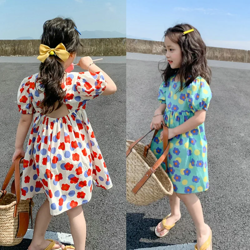 Girls' Fresh Floral Dress2025Summer New Style Backless Children's Elegant Short Sleeve Floral Princess Dress