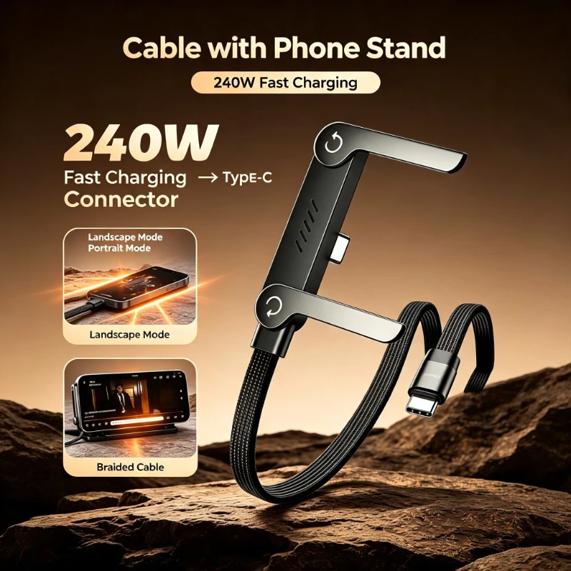 Multifunction USB Type C Cables 240W High-speed Quick Charging Wire with Folding Phone Stands for IPhone 17 16 15 Samsung Xiaomi