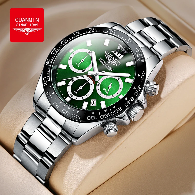GUANQIN Men's Watches Classic Luxury Gradient Green Dial Original Brand Quartz Wristwatch for Man Chronograph Date Waterproof