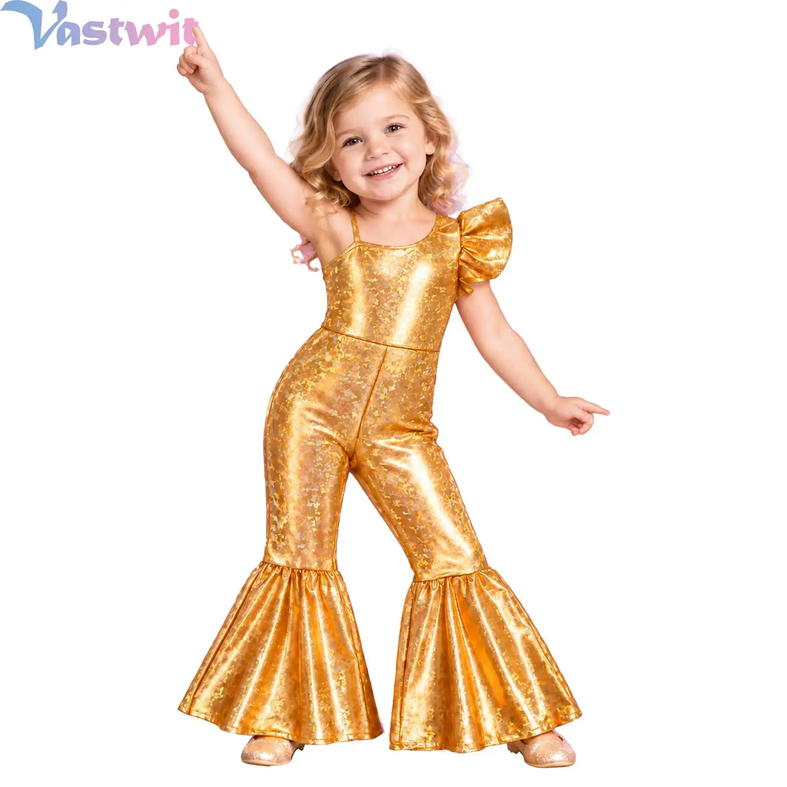 Toddler Baby Girls Glittery Metallic Romper Asymmetrical One Shoulder Ruffled Sleeve Adjustable Strap Bell-bottom Jumpsuit
