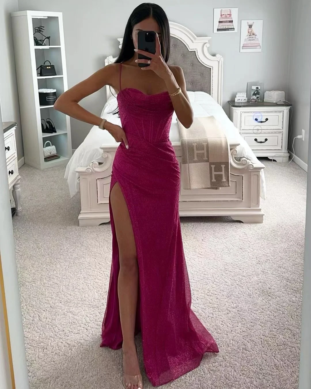 

Fuchsia Red Prom Dresses Long for Women 2025 Side Slit Spaghetti Straps Formal Evening Gowns Sparkly Sequins Corset Party Dress