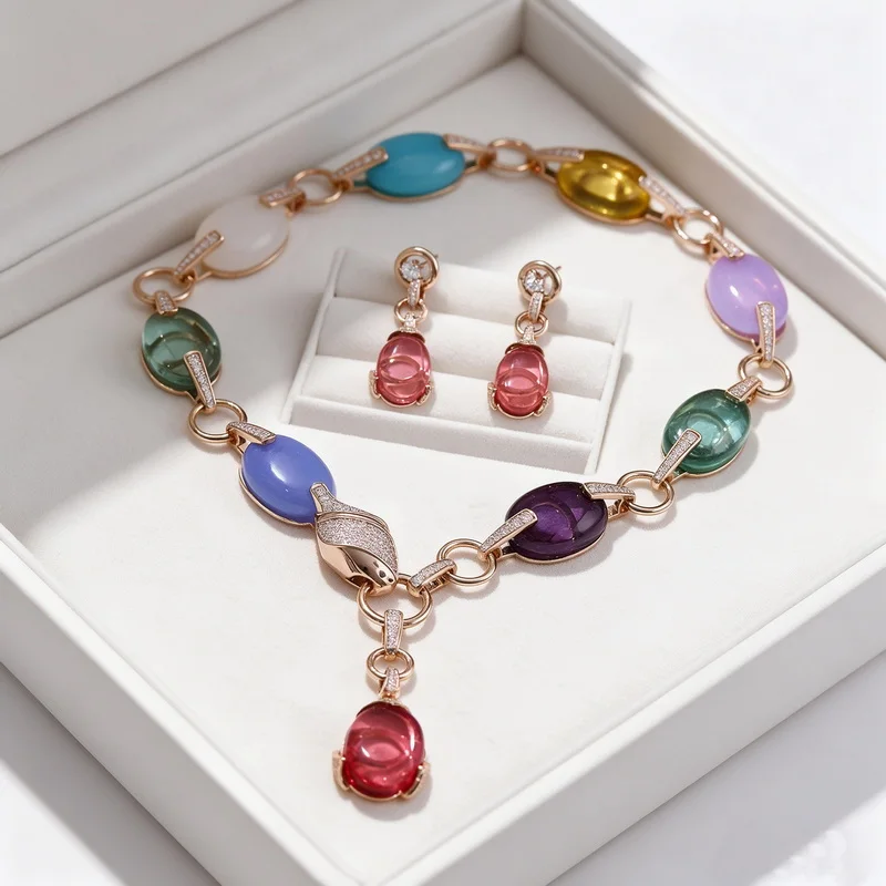 Vintage Fashion Style Earrings Necklace Inlay Cubic Zircon Colored Oval Gemstone Snake Snakelike Party Choker Jewelry Sets