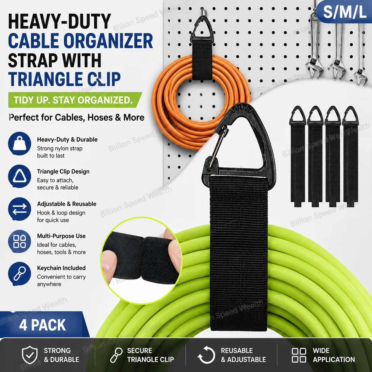 Organizador de Cables Resistentes con Hebilla Triangular, Gestión de Cables de Alimentación, Correa de Nylon para Llaves, Correas para Cables y Mangueras