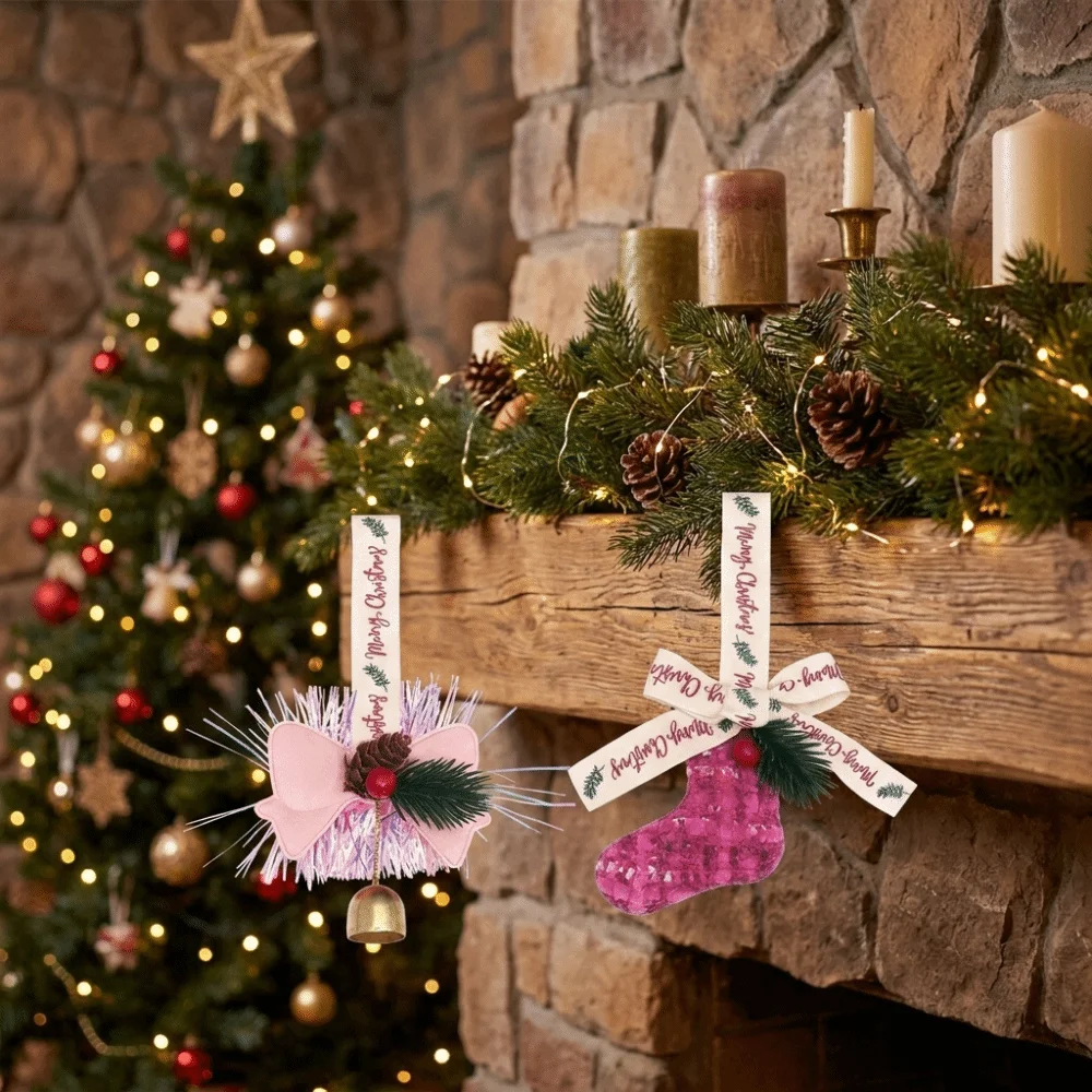 3D Christmas Bow Bell Pendant Pinecone Christmas Stocking Xmas Gift Hanging Decorations Rustic Festival Christmas Jingle Bells