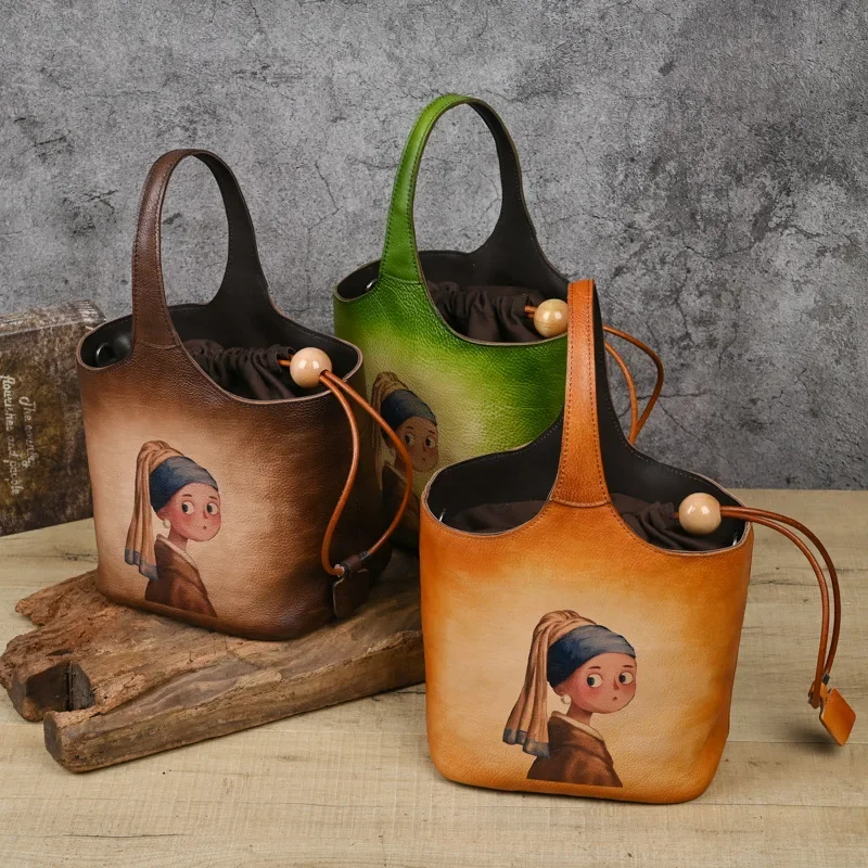 Retro-Handtasche für Damen aus echtem Leder, erste Schicht Rindsleder-Schulter tasche, hand geriebene literarische Beutel tasche mit Schulter gurt