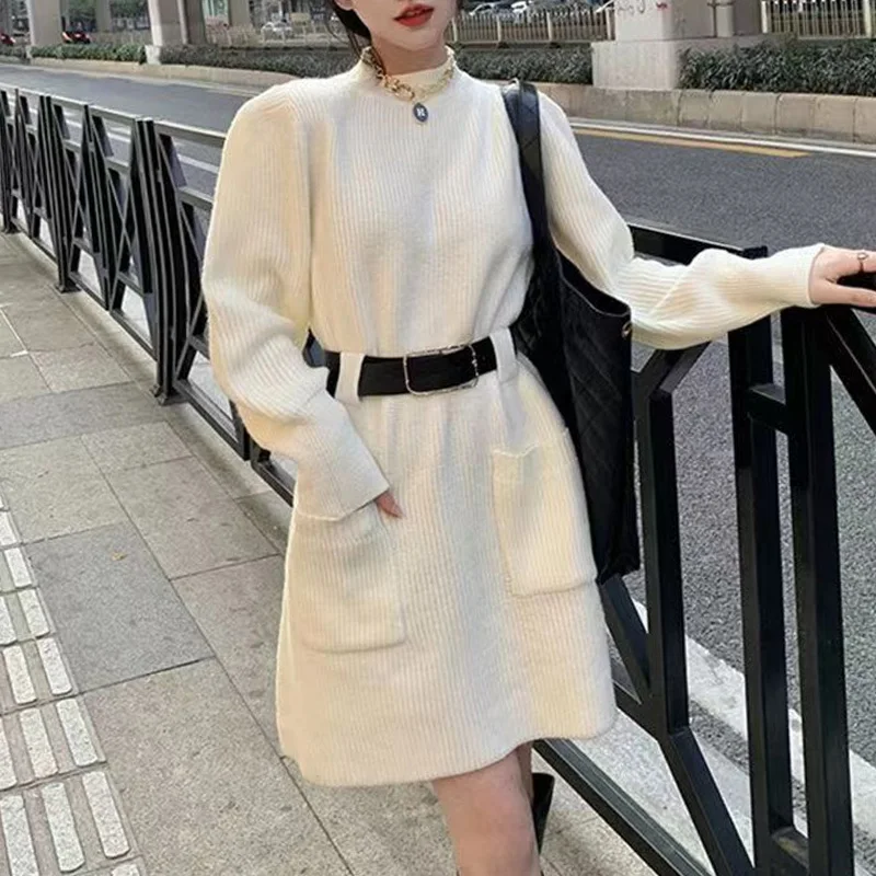 

Simplicity Elegant Printing Women Clothing Striped Autumn Loose Casual Korean Half Height Collar Long Sleeve Pullovers Dresses