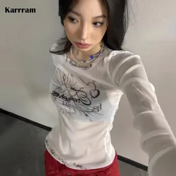 Karrram Y2k Aesthetics Mesh Top Korean Fashion Designer Clothes Grunge Graphic See Through T Shirt Fairycore Sheer Tops Harajuku