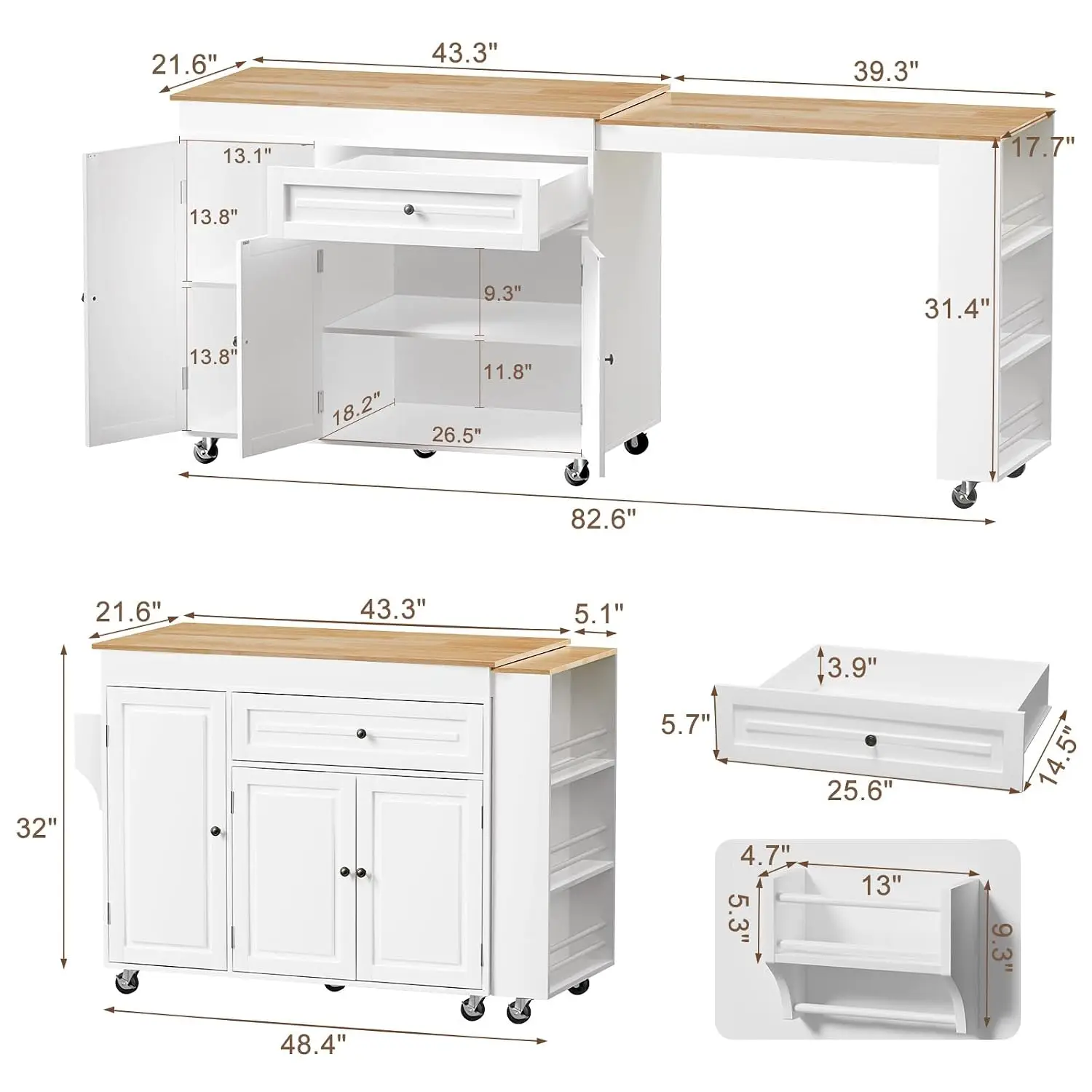 Expandable Kitchen Island with Storage Drawer and Wheels, White | Rubberwood top expands 48.4
