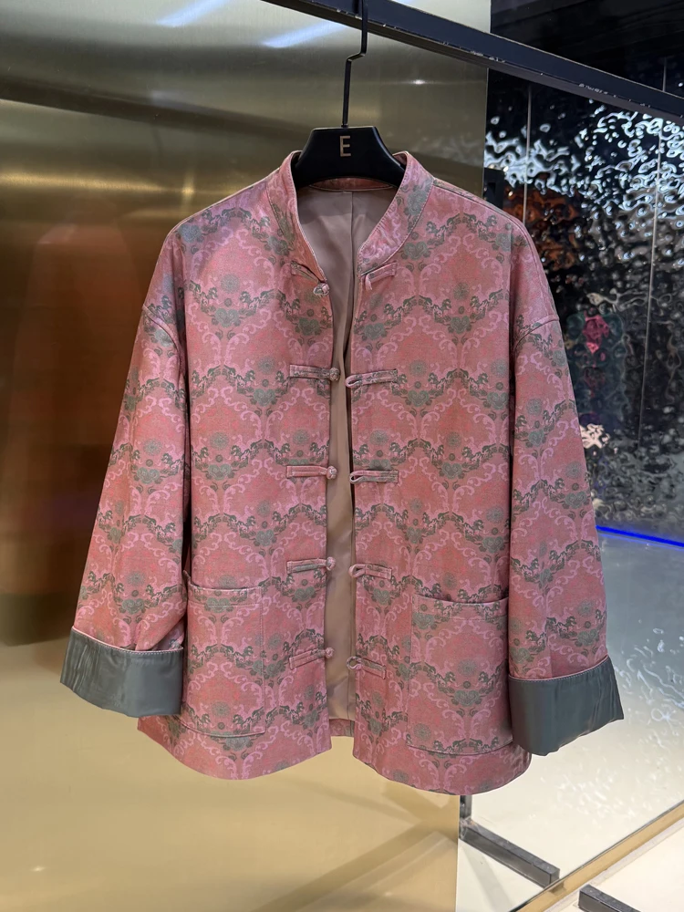 

Elegant Printed Genuine Sheepskin Leather Jacket Stand Collar Long Sleeve Women's Outerwear Fashionable Commute Style