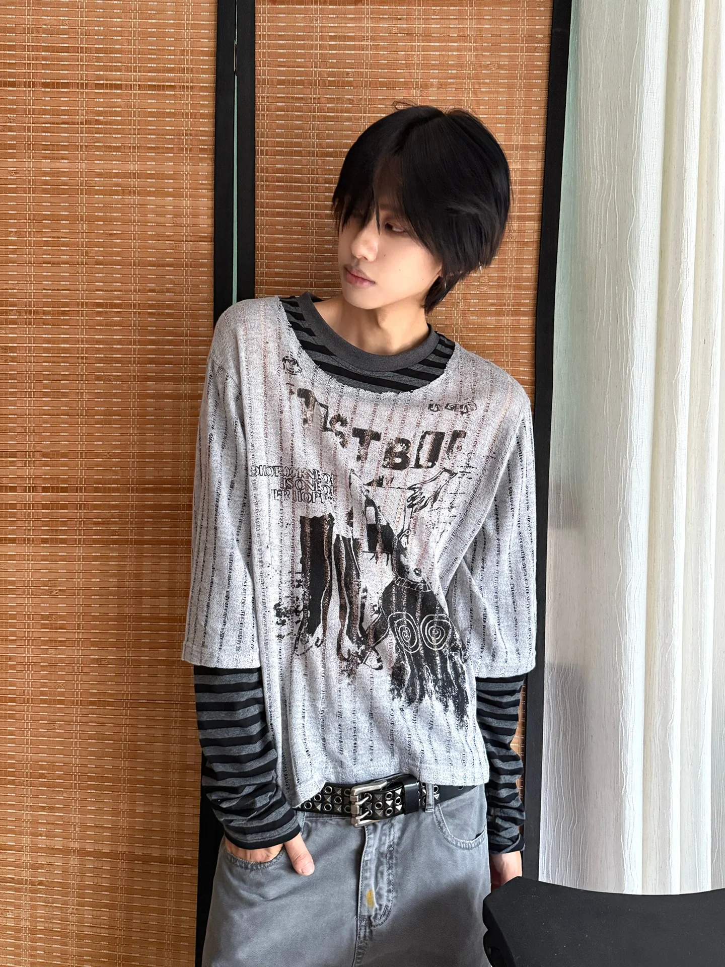 American Style Striped Print Long Sleeve Fake Two-Piece Men's T-Shirt Loose Covering Sun Protection Top for Couples