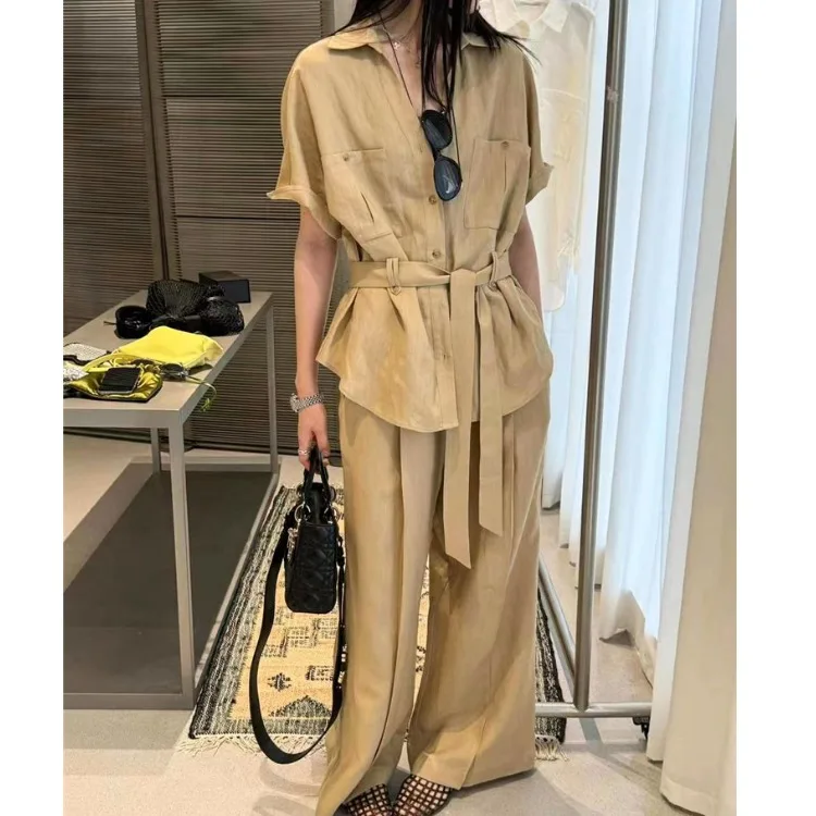 Slimming Effect Korean Sle irt Top And Wide Leg Pants Two Piece Set Women's Faion Summer 2025 Elastic Waist Design