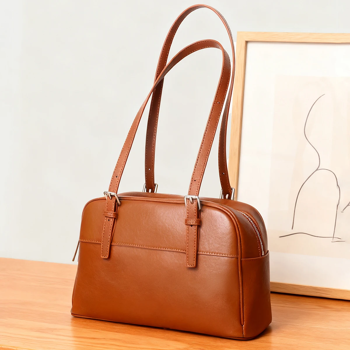 

Genuine Leather High-End Bowling Bag for Women, Autumn and Winter New Style, Retro Large-Capacity Commuter Shoulder Bag, Handbag, Underarm Bag