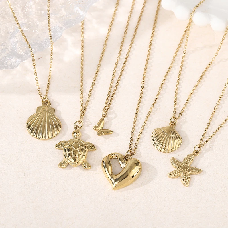 DLHP Stainless Steel Metal Texture Heart Pendant Necklace For Women Geometric Gold Color Ocean Charms Choker Necklace Gift Femme