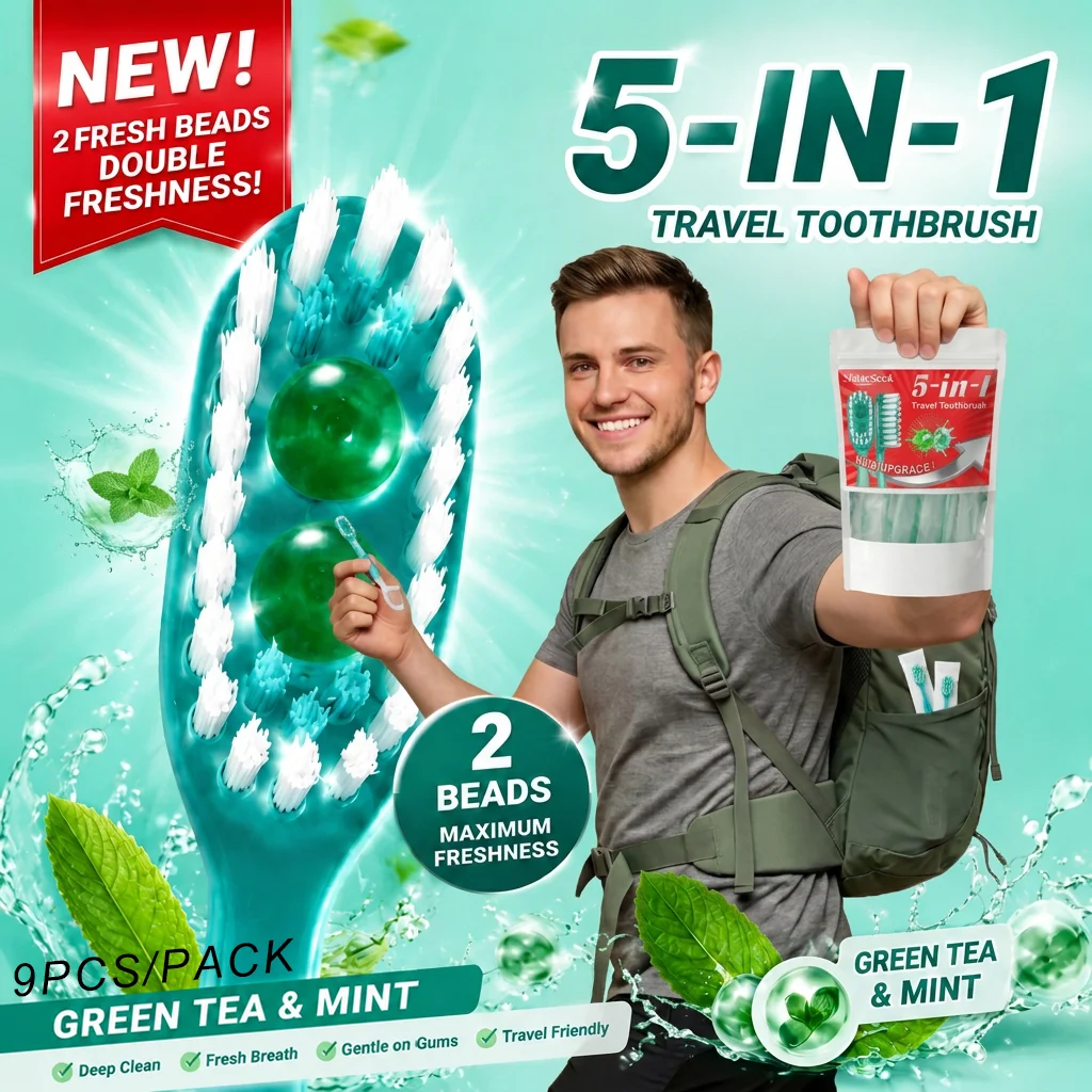 Newly Upgraded Dual-Effect Freshening Beads 9Pcs/Pack, Multifunctional 5-in-1 Cleaning Toothbrush, Green Tea Mint Flavor, Includes Two Freshening Beads + Toothbrush + Dental Floss + Interdental Cleaning Stick + Tongue Scraper, Five Major Features, Convenient and Soft, Soft Bristle Design, Teeth and Gum Care | Travel Essentials | Individually Packaged | Soft | Mint Green Tea Flavor | Travel Toothbrushes Are the Best Choice for Smart Families!