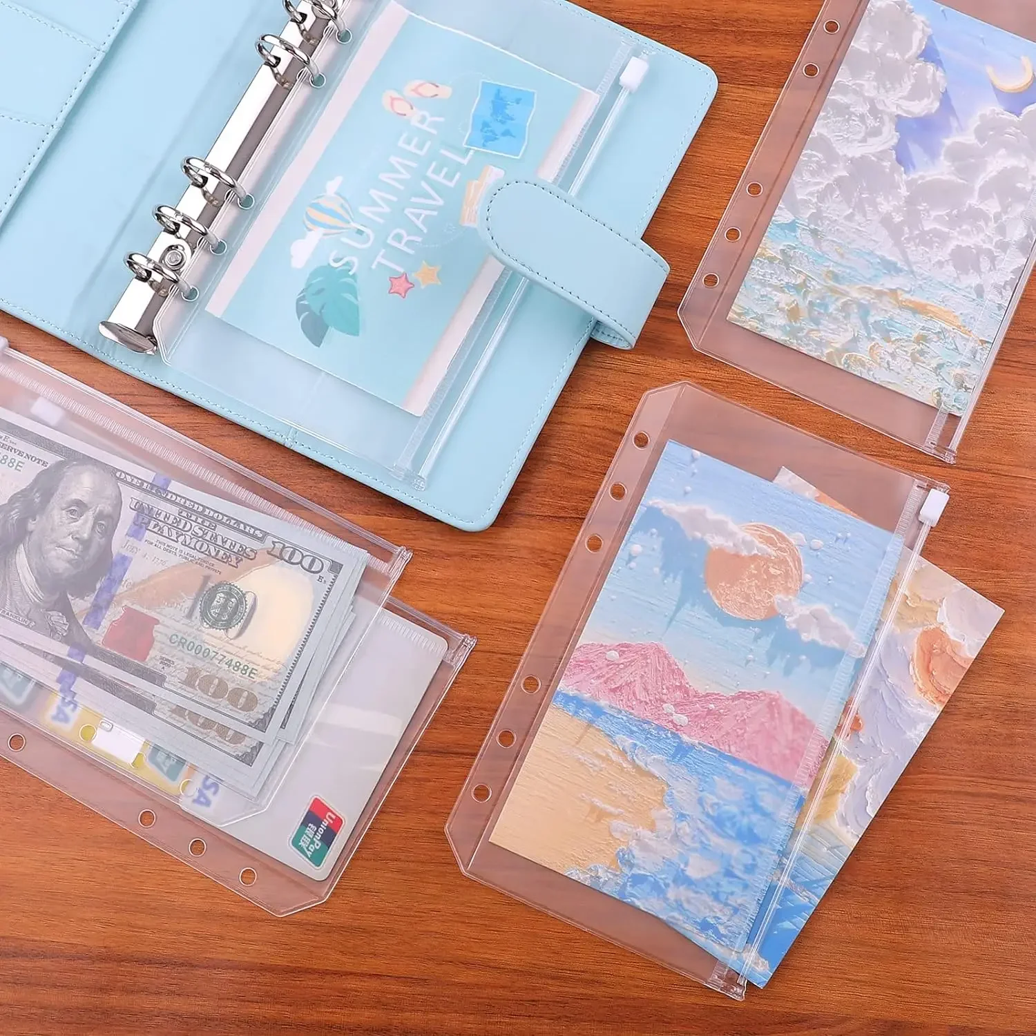 Waterproof For Binder Notebook Planner Zipper Binder Pockets PVC Cash Budget Envelopes Loose Leaf Bag 6-Hole for A6