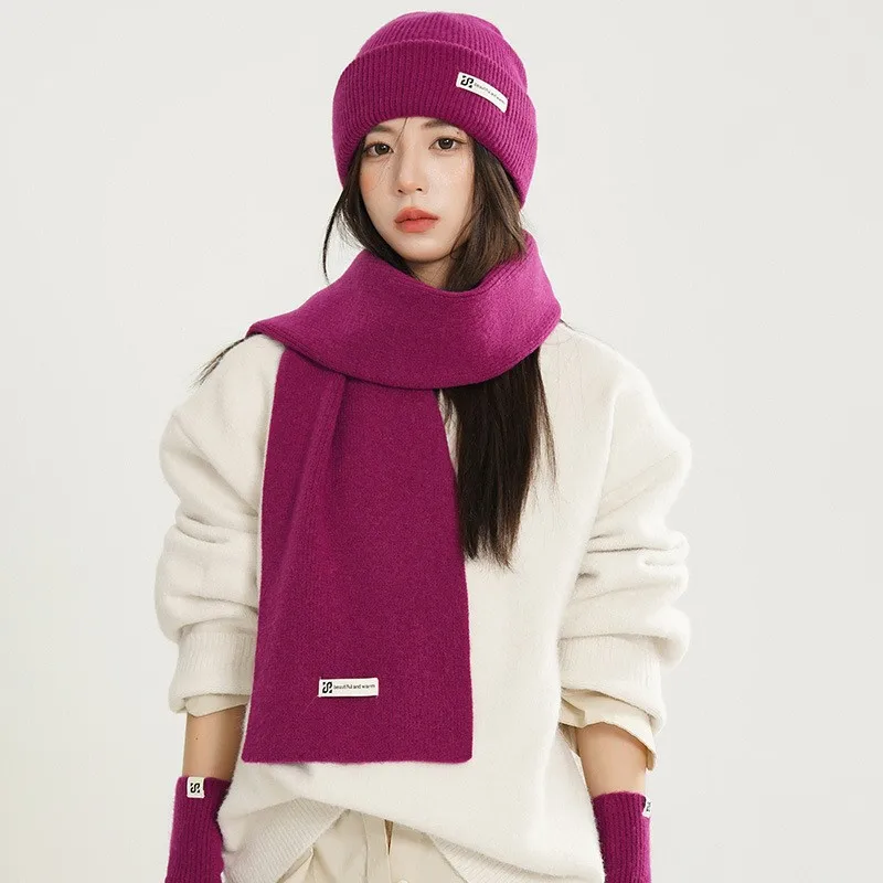 3pcs set topi kupluk musim dingin syal panjang sarung tangan wanita dan pria set topi musim dingin rajutan unisex warna solid hangat