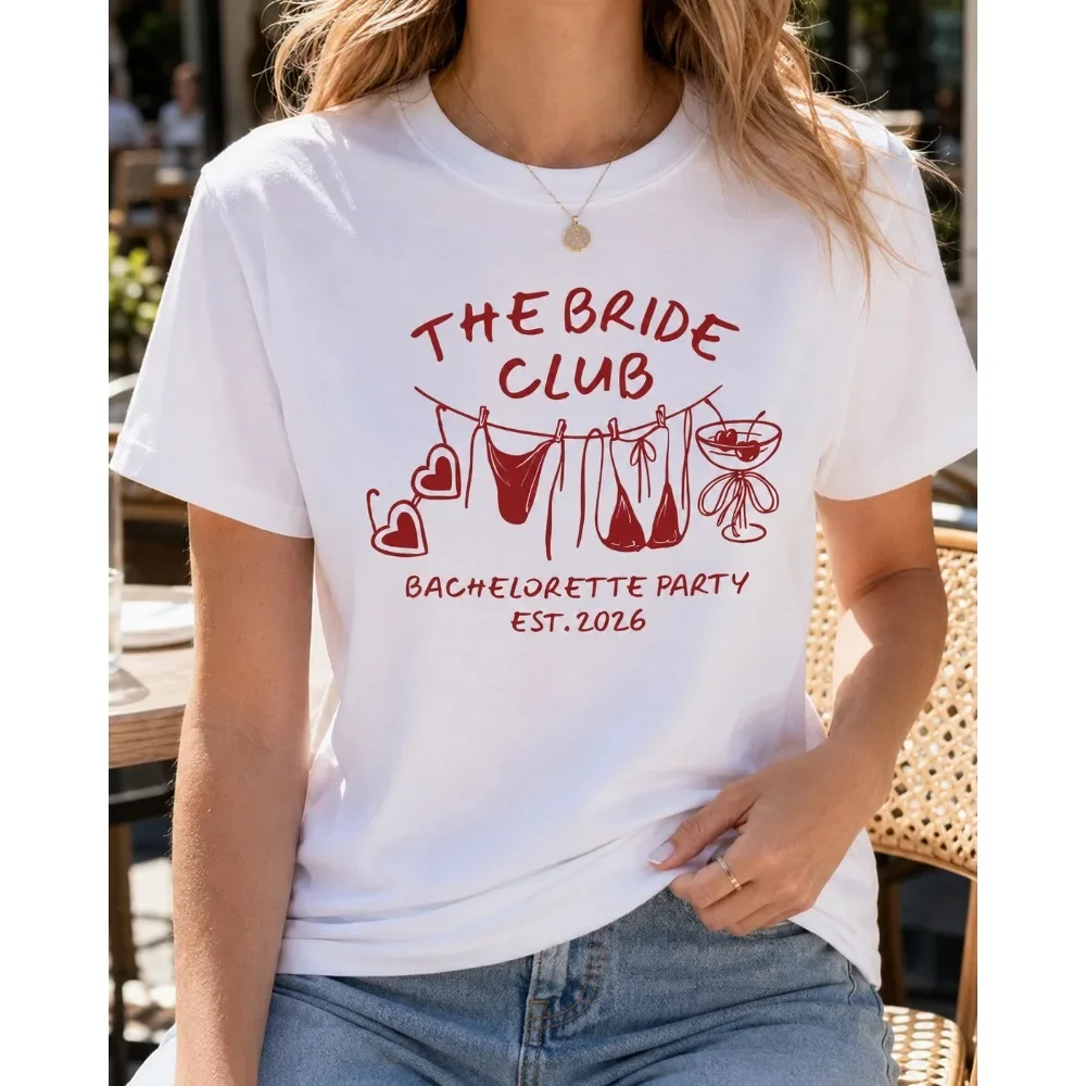 The Bride Club Bachelorette Party Graphic Print T-shirt Short Sleeve Crew Neck Casual Top for Summer and Spring Women Clothing