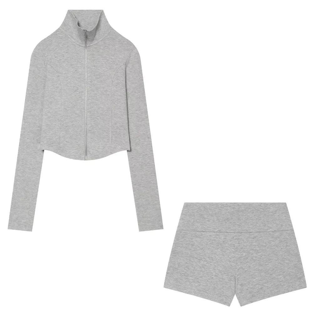 Summer Sports Matching Sets for Women Cropped Zip High Collar Fitted Sweatshirt with Asymmetric Hem + Tonal Mid-rise Mini Shorts