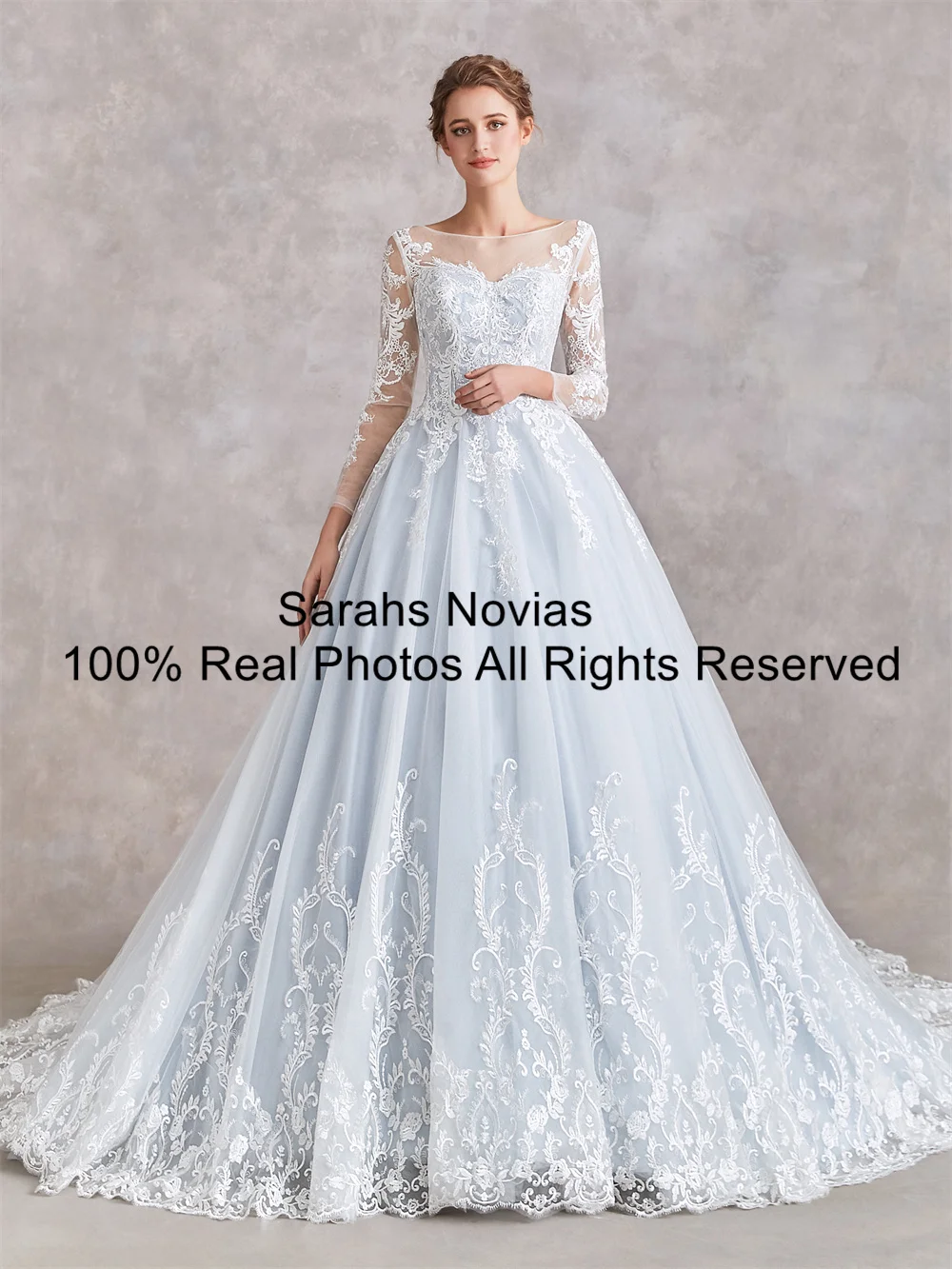 

Ball Gown Ivory Blue Wedding Dresses With Long Sleeves For Women Illusion Neckline Bride's Nontraditional Colored Bridal Gowns