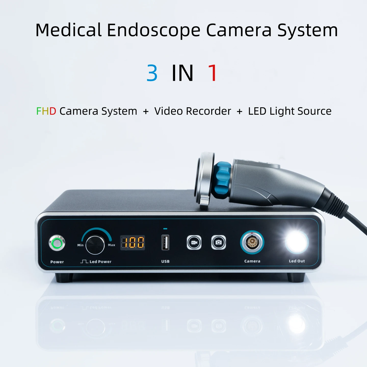 Portable all-in-one medical endoscope camera system with USB video recorder and 100W LED light source