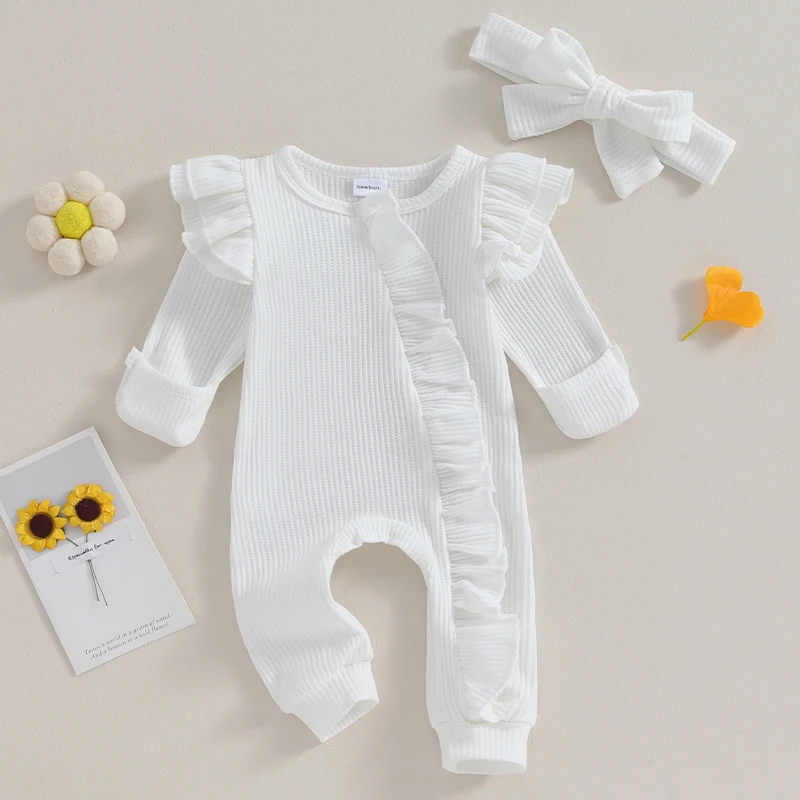 Newborn Baby Soft Rompers Headbead Outfit Girl Boy Zipper Romper Jumpsuit Ruffle Waffle Knit Hospital Coming Home Clothes