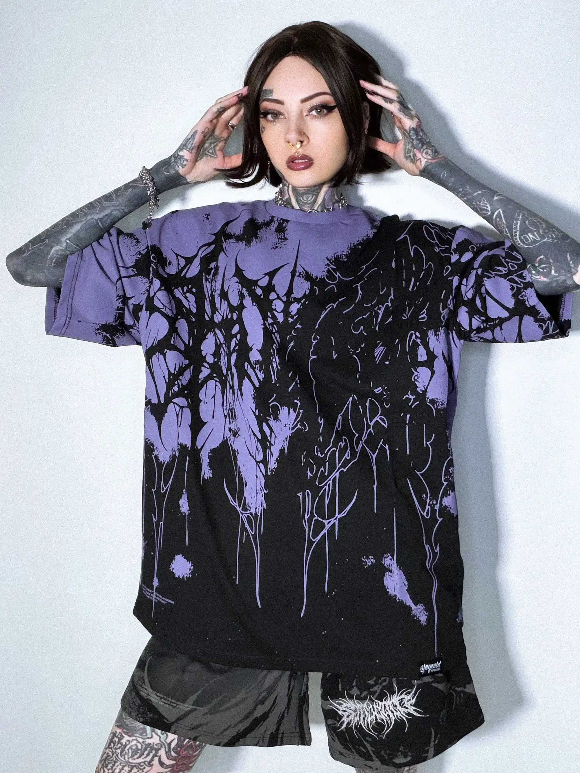 Gothic Graffiti Print Round Neck Purple Black Gradient Loose Short Sleeved T-shirt Street Wear Hip-hop Casual Neutral T-shirt