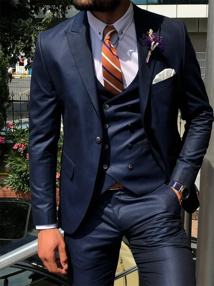 Azul escuro 3 peça magro masculino moda terno cutsom noivo casamento smoking baile de formatura feito sob medida terno masculino traje homme mariage