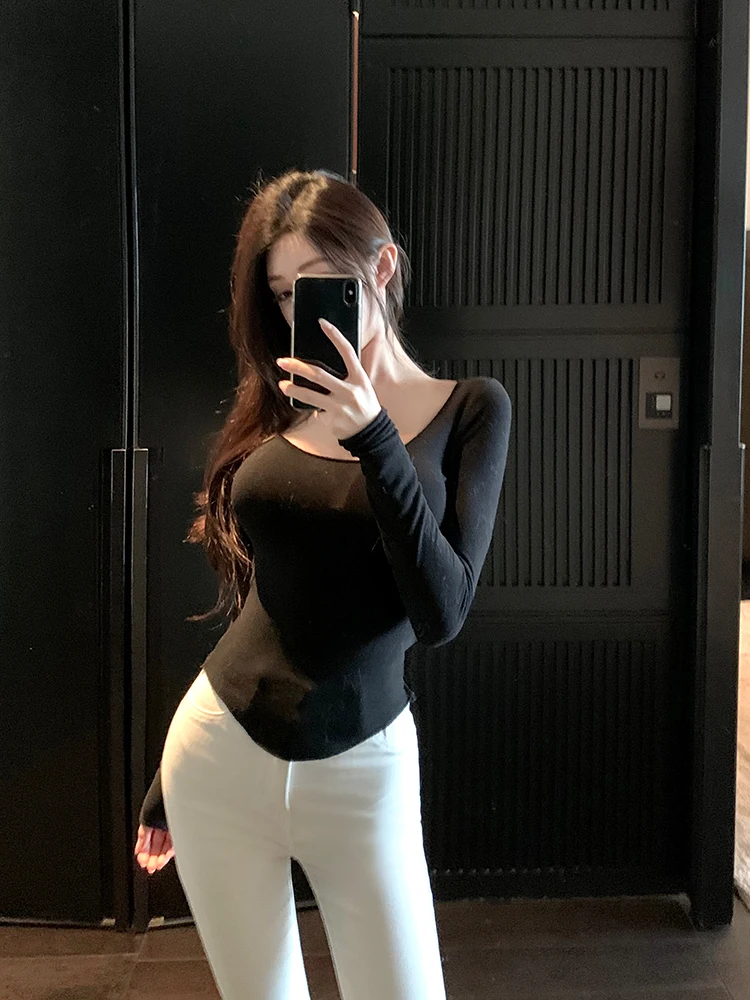 

Двусторонняя бархатная круглая футболка с эффектом похудения, топ с потертостями по краю для женщин, зимний сезон, длинный све