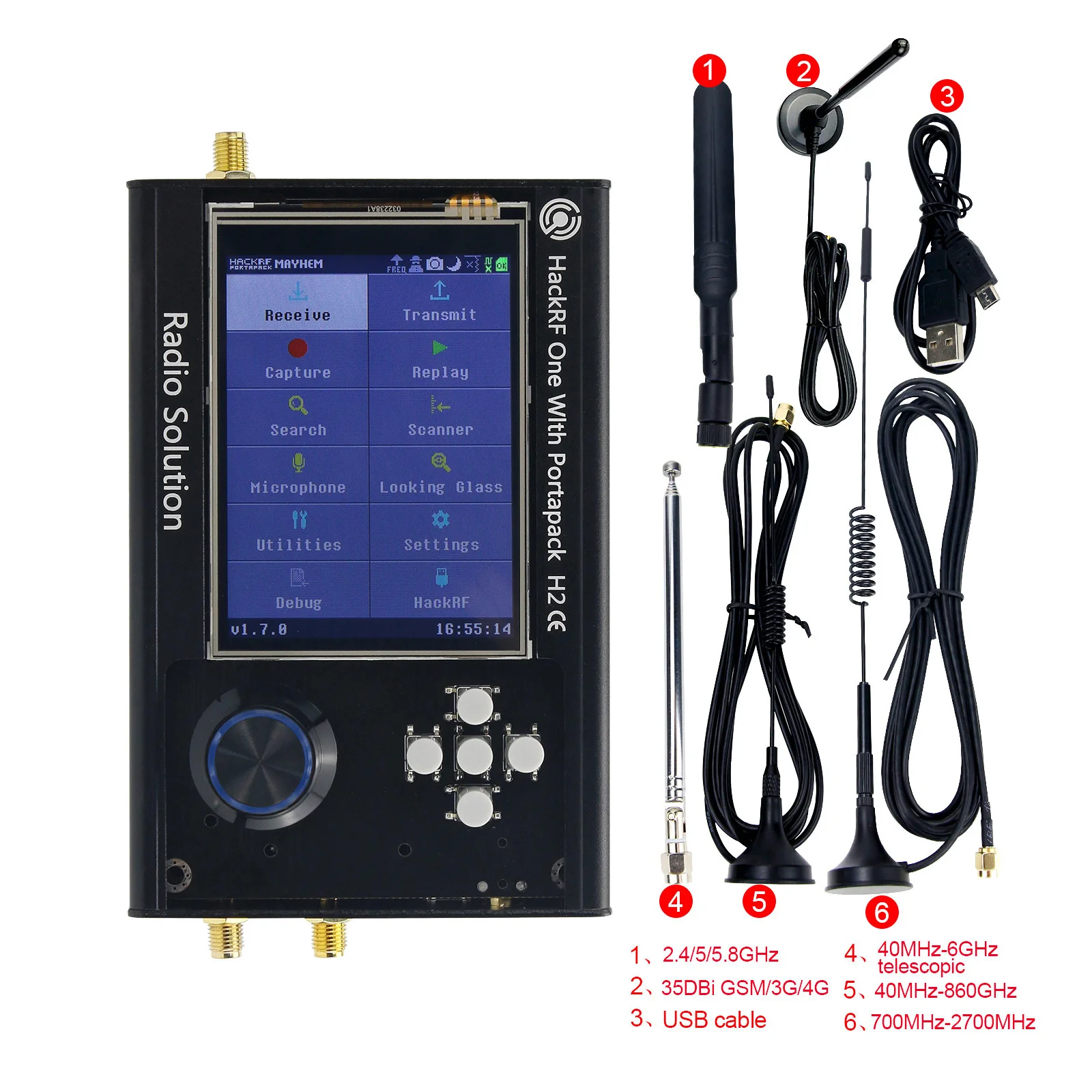 

1MHz-6GHz HackRF One R9 V2.0.0 Portapack H2 SDR Radio Assembled w/ LNA SMA Cable Antennas USB Cable