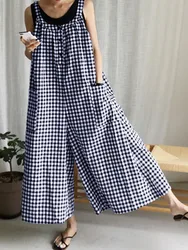 Celmia 2024 Vintage Wide Leg Pants Jumpsuits Fashion Women Plaid Playsuits Summer Bohemian Casual Sleeveless Trousers Overalls