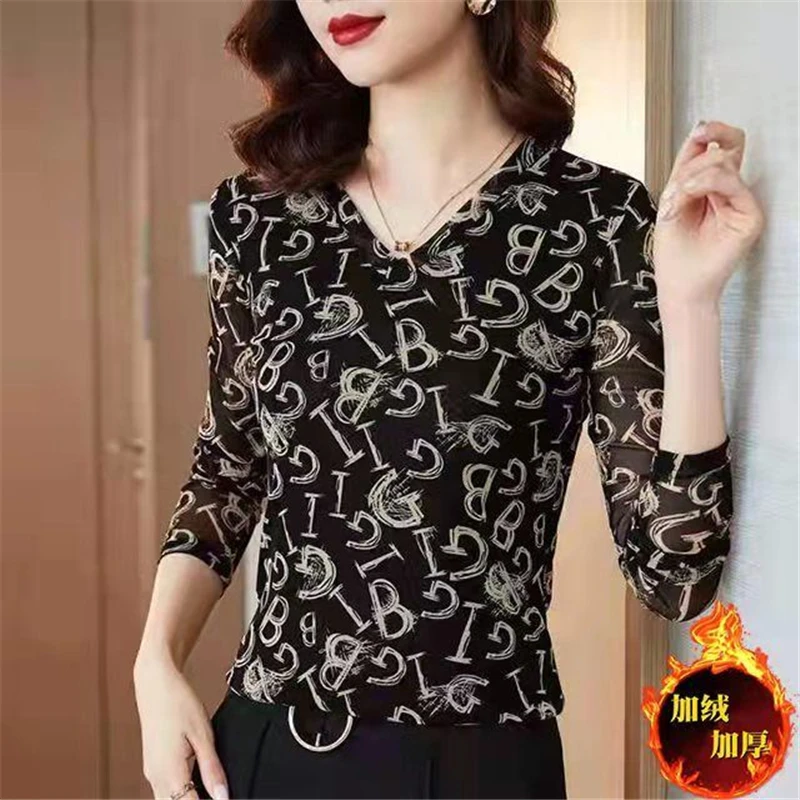 Womens Clothing 2023 Autumn and Winter Thick Letter Print Elegant Basic T-shirts Sexy Mesh V Neck Long Sleeve Slim Pullover Tops