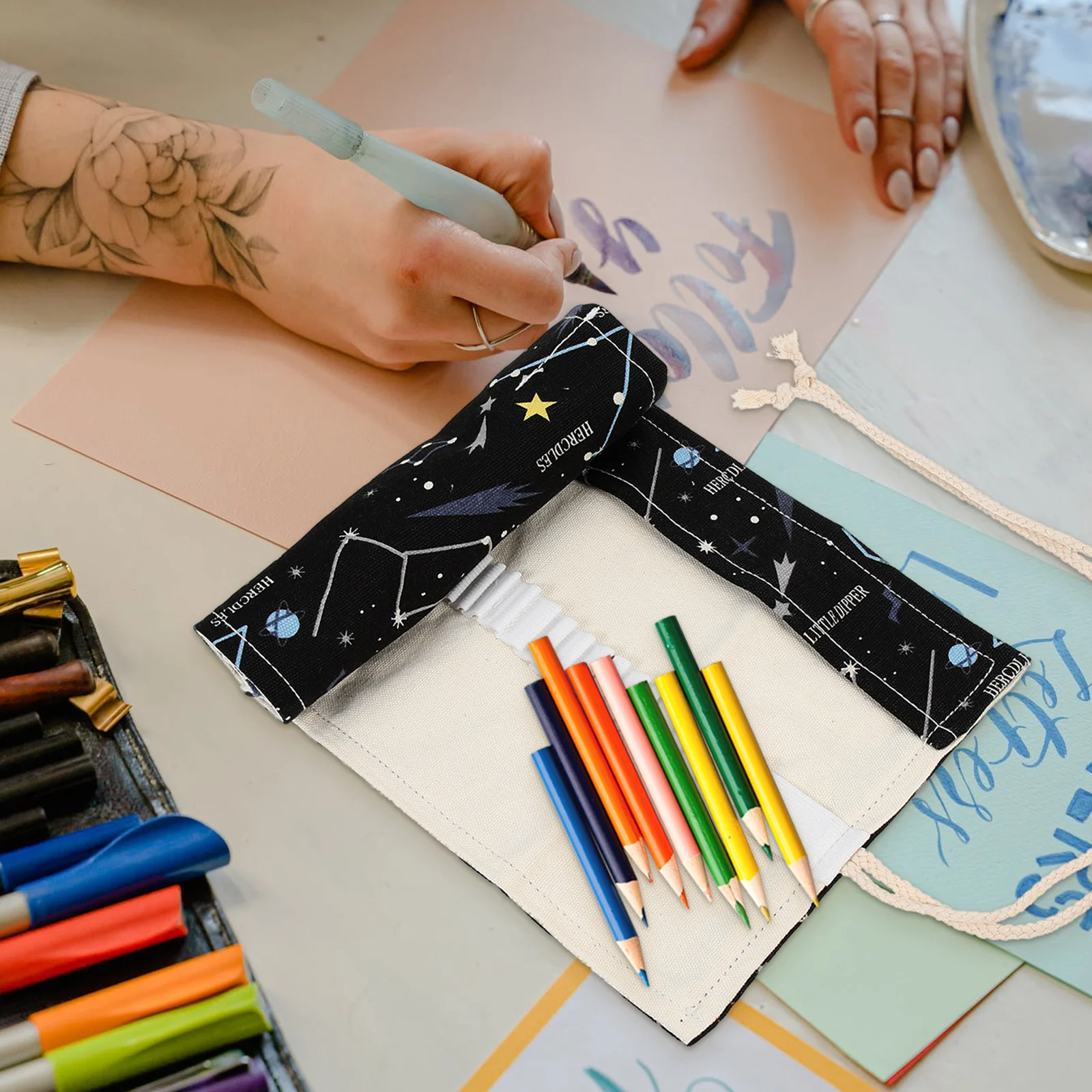 

Canvas Large Capacity Pen Bag Premium Material Pencil Roll Up Case Colored ganizer Sketch Pens Storage Art Student Use