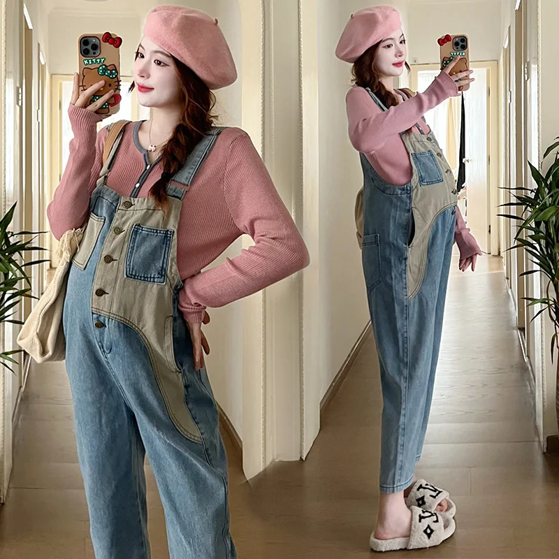 New Autumn Maternity Denim Jumpsuits For Pregnant Women Retro All-match Contrast Color Jeans Overalls Premama Suspender Trousers