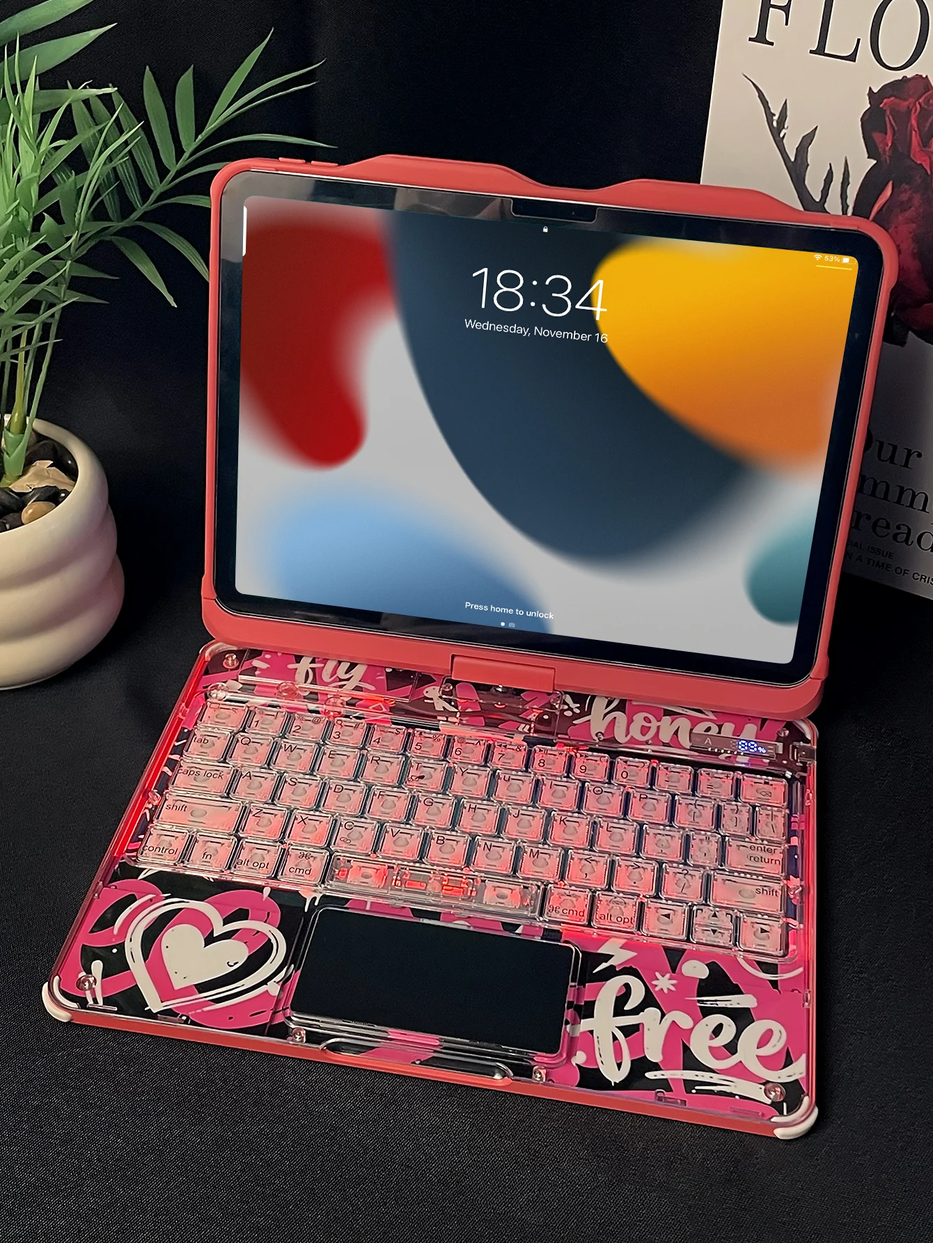 360° Rotatable Transparent Graffiti iPad Keyboard Cover, RGB Backlit Trackpad Case with Hidden Pencil Slot for IPad10/iPad11