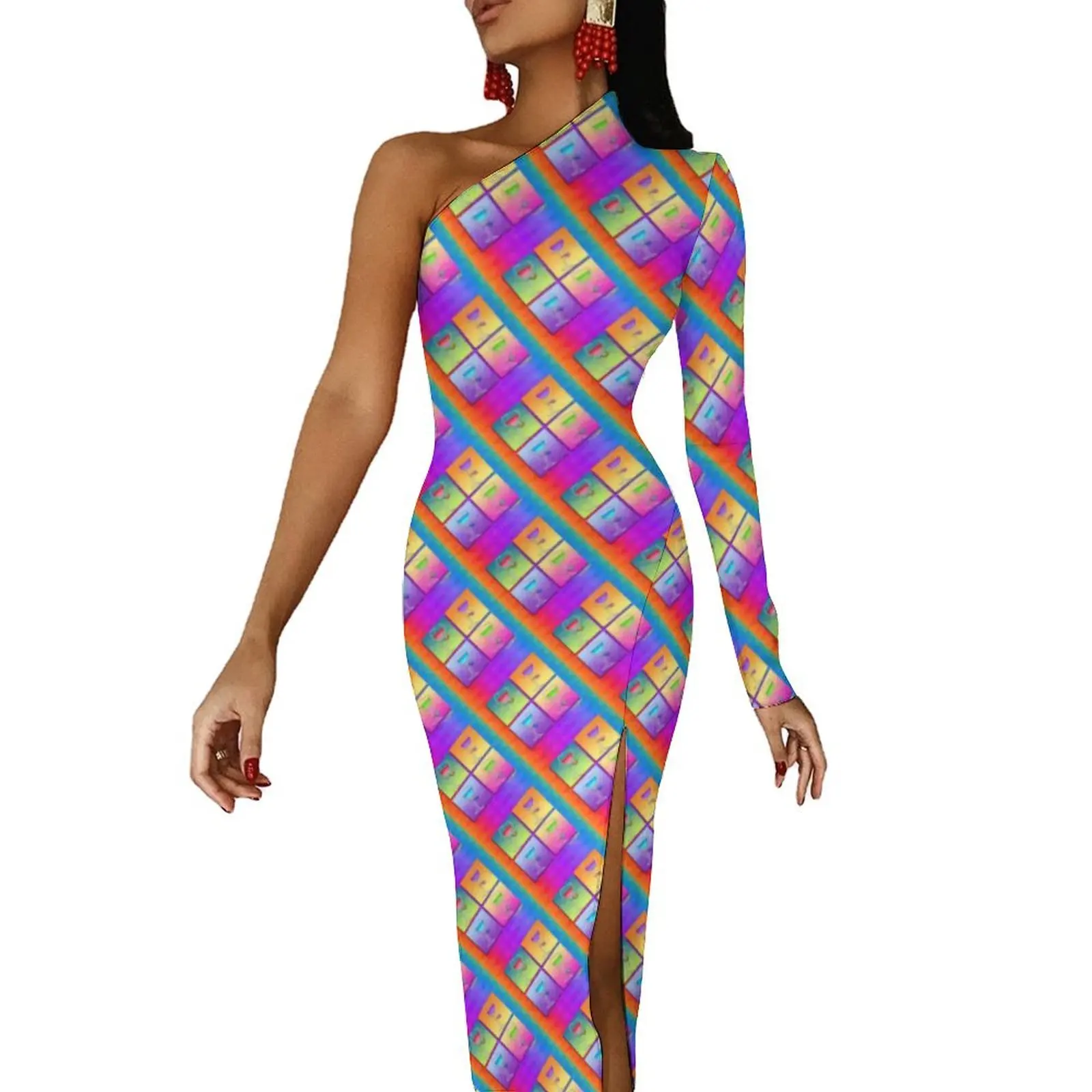 

Pop Art Print Bodycon Dress Womens Martinis Design Kawaii Maxi Dress One Shoulder Party Graphic Dresses Gift