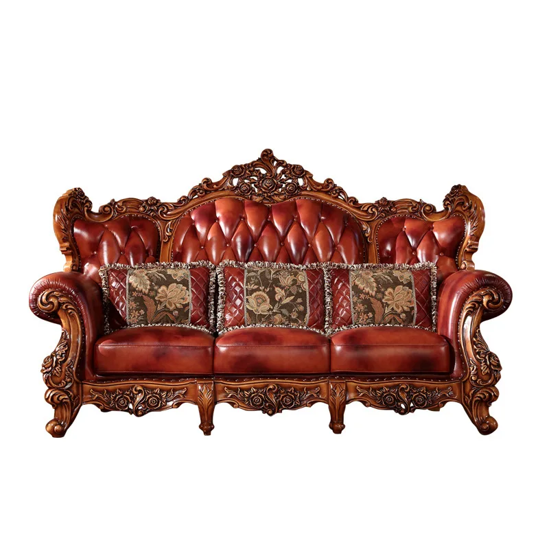 

&European-style U-shape Leather Sofa Combination Living Room Solid Wood Full Set Furniture High-end Luxury Villa Disassembly