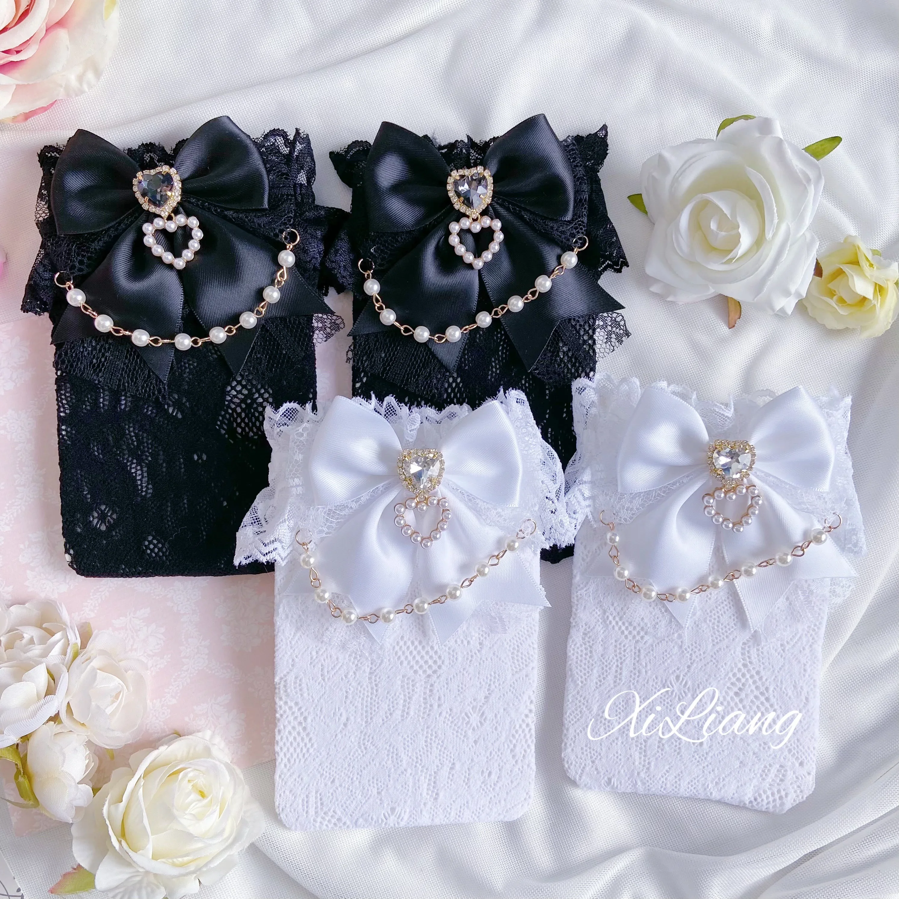 Kawaii Japanese Style Cute White Socks Girls Sweet Lolita Bow Pearl Heart Lace Socks for Women Spring Summer Mine Mid-Calf Socks