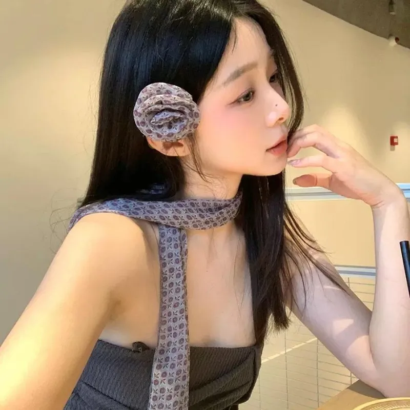 

3d шарф с розой, элегантный съемный шелковый шарф с цветком розы, шифоновый шифоновый галстук для весны, модный аксессуар для волос