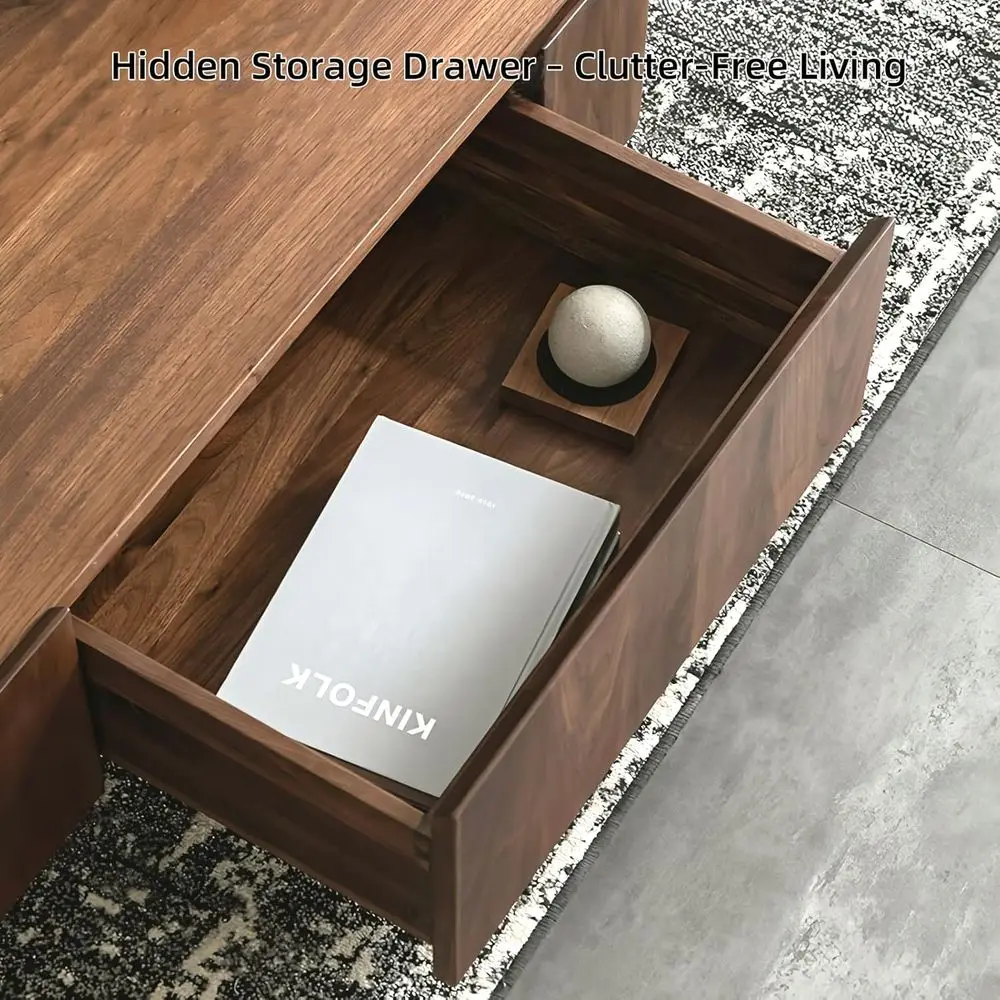 Elegant Walnut Coffee Table with Hidden Drawer, Simple Assembly, Square Design for Living Spaces, Raised Edge, 39.37 Square Size
