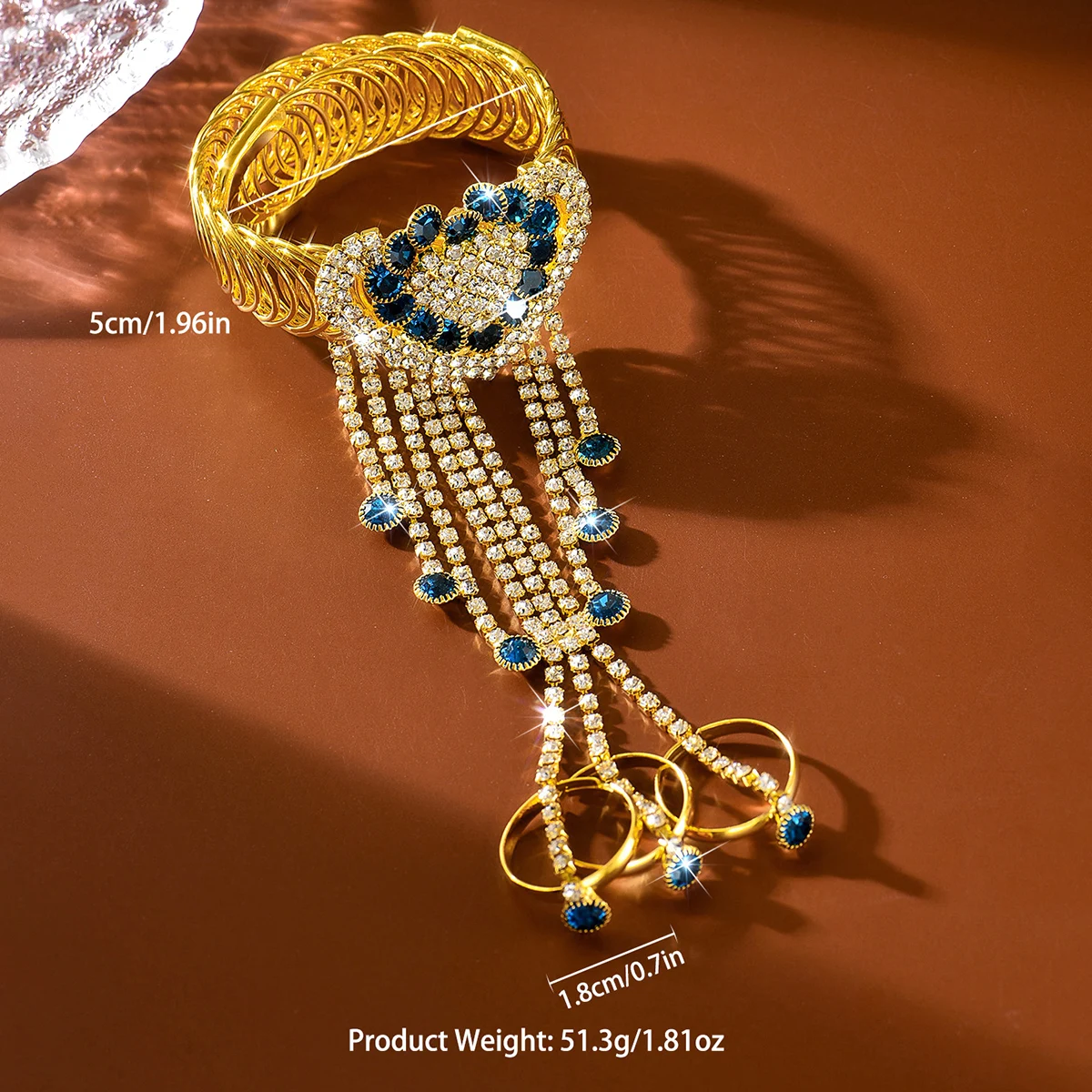 Gold Tone Lake‑Blue Rhinestone Heart Tassel 2PC Hand Harness With Connected Rings For Bride Bridesmaid Wedding Evening Gown Part