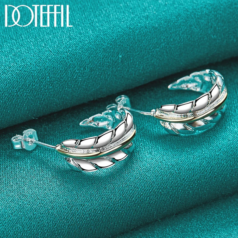 DOTEFFIL 925 Sterling Silver Gold Feather Stud Earrings For Woman Wedding Engagement Fashion Party Charm Jewelry