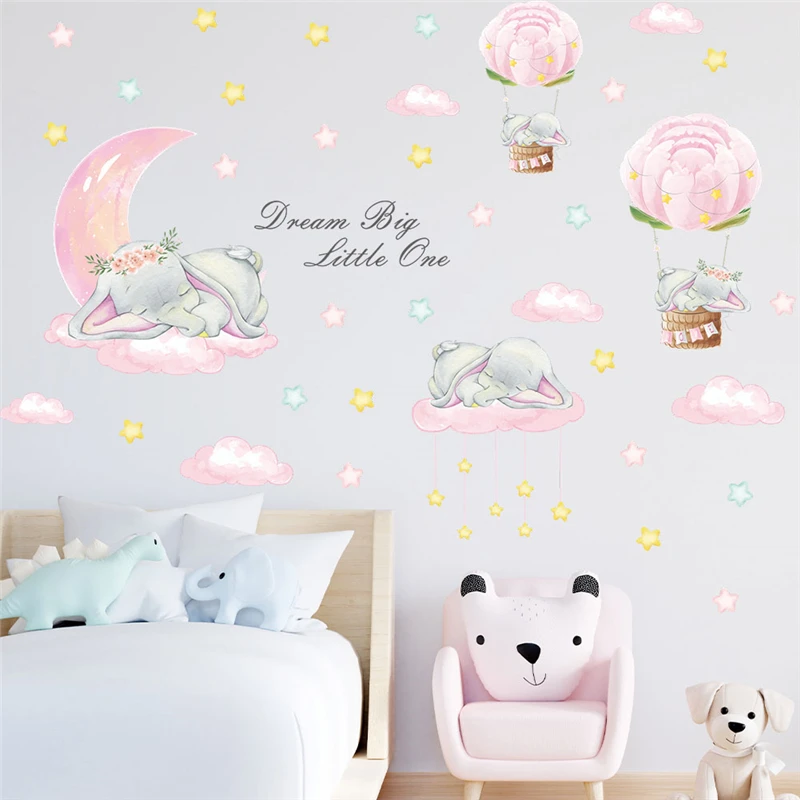 Cute Elephant Pink Moon Cloud Wall Stickers For Kids Room Home Decoration Diy Cartoon Animals Mural Art Girls Decals Pvc Poster