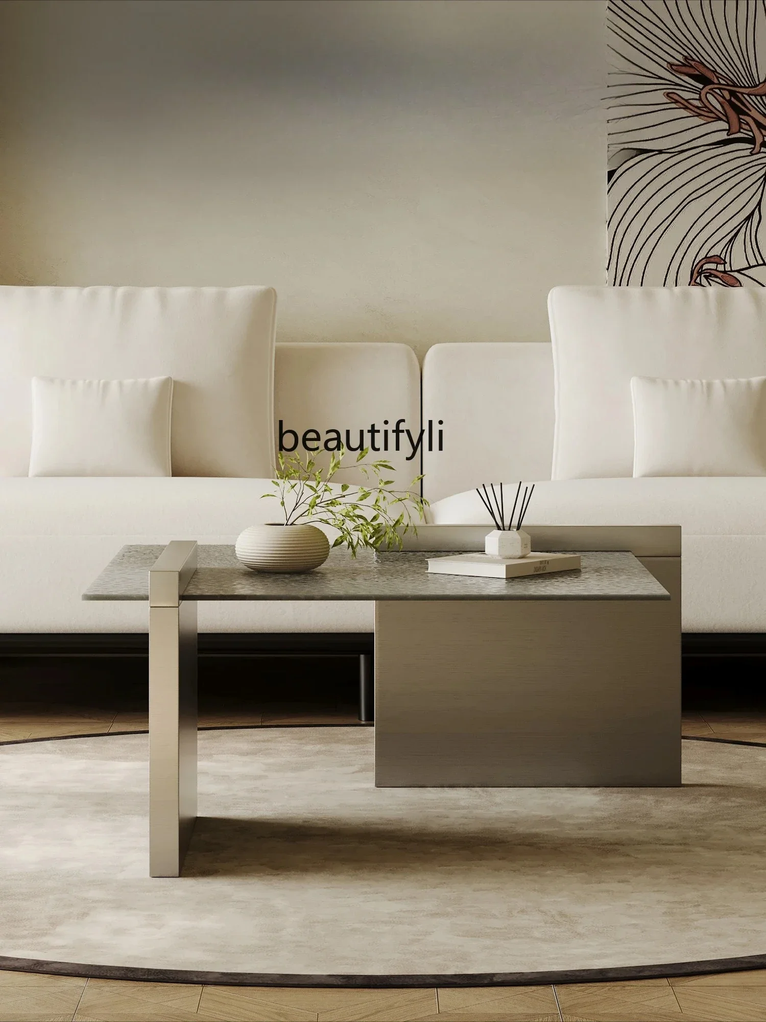 

45Square coffee table stainless steel light luxury water corrugated glass living room home modern and simple