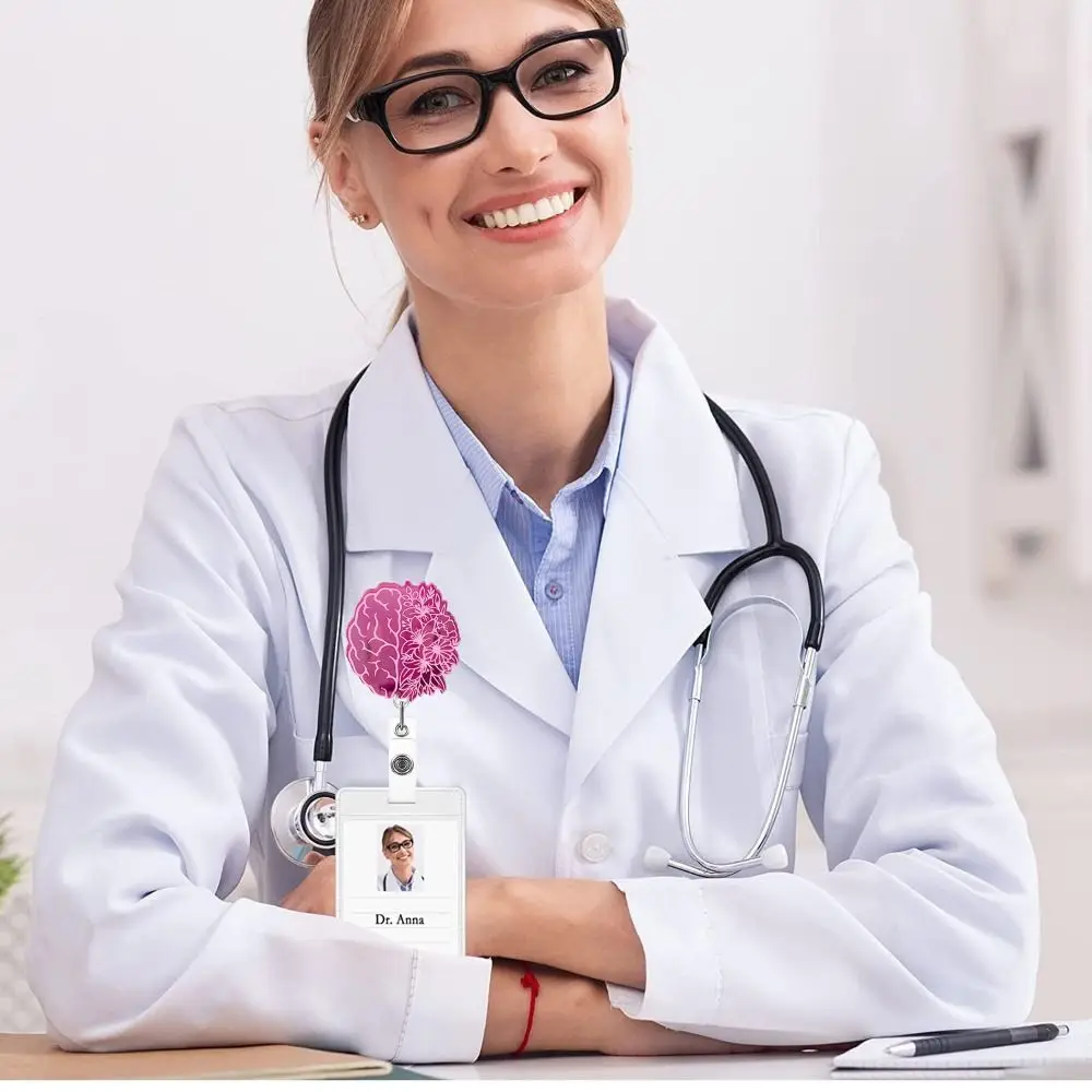 Pink Nurse Retractable Badge Reel Acrylic Skull Name Card Holder 360 Rotating Alligator Clip Work Card Clips